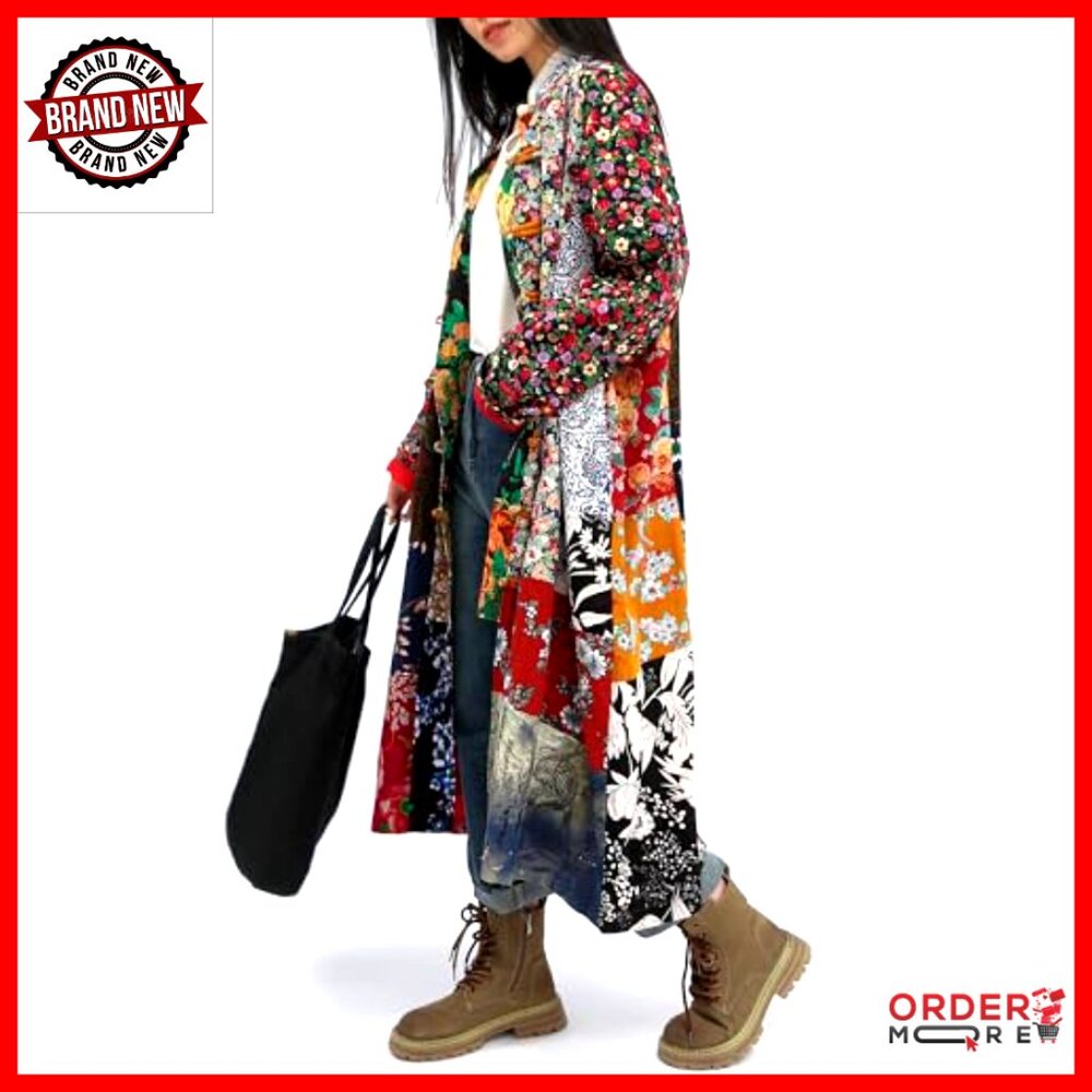 Oversized Cotton Linen Patchwork Jacket Raglan Sl… - image 6